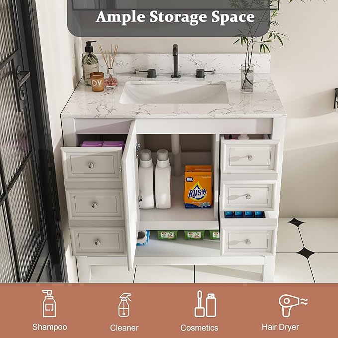 Montary 36" Bathroom Vanity with 37" Artificial Marble Carrara White Top, Modern Stylish MDF Bathroom Storage Cabinet, Freestanding Vanity Set with One Cabinet & 3 Drawers, White (Three Holes)