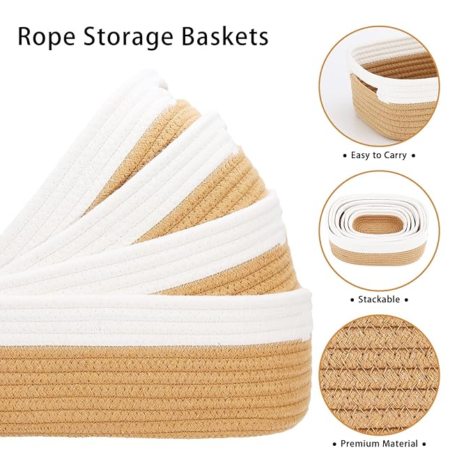 HLWDFLZ 7 Piece Cotton Rope Woven Basket Set - Small Basket for Baby Nursery, Pets, Montessori, Dog & Cat Toy Boxes, Bathroom Organization Bins (White/Jute)