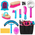 Abbylike 12 Pieces Horse Grooming Kit with Organizer Tote Bag Tack Room Supplies Horse Brush Sets Equine Care Cleaning Kit Shedding Grooming Massaging Tools(Rose Red)
