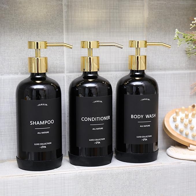 Janxin Shampoo and Conditioner Dispenser Set of 3,Refillable 21oz Shampoo Bottles with Non-Slip Protective Silicone Pad,Shower Soap Dispenser with Waterproof Labels for Bathroom (Black)