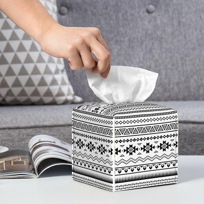 Boho Black White Geometric Tissue Box Cover Square,Abstract Tribal Symbol Tissue Box Holder Waterproof Leather Facial Paper Organizer Dispenser for Bathroom Home Car Nightstand Vanity Desk