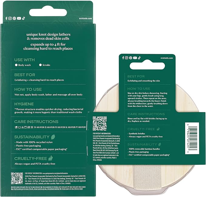 EcoTools Dry Body Brush for Circulation, Dead Skin Removal + Exfoliating Body Scrubber Bath Net, Inspired by The African Net Sponge, Self-Care Gifts, Natural Beige
