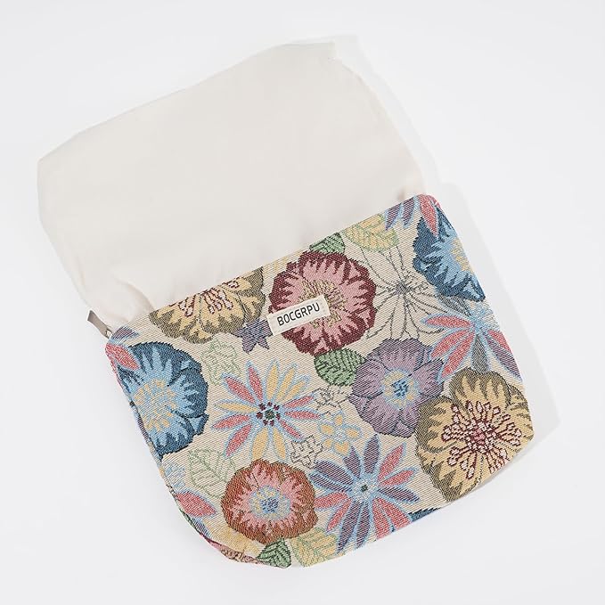 BOCGRPU 2 PCS Makeup Bag Set Cute Small Cosmetic Bag for Purse ，Large Toiletry Bag Makeup Organizer，Travel Pouch with Zipper for Women, (Flower Garden White)