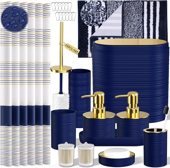 InnJoey Bathroom Set - Bathroom Sets with Shower Curtain and Rugs, 25PC Bathroom Accessory Set, Blue Bathroom Accessories Set with Trash Can, Soap Dispensers