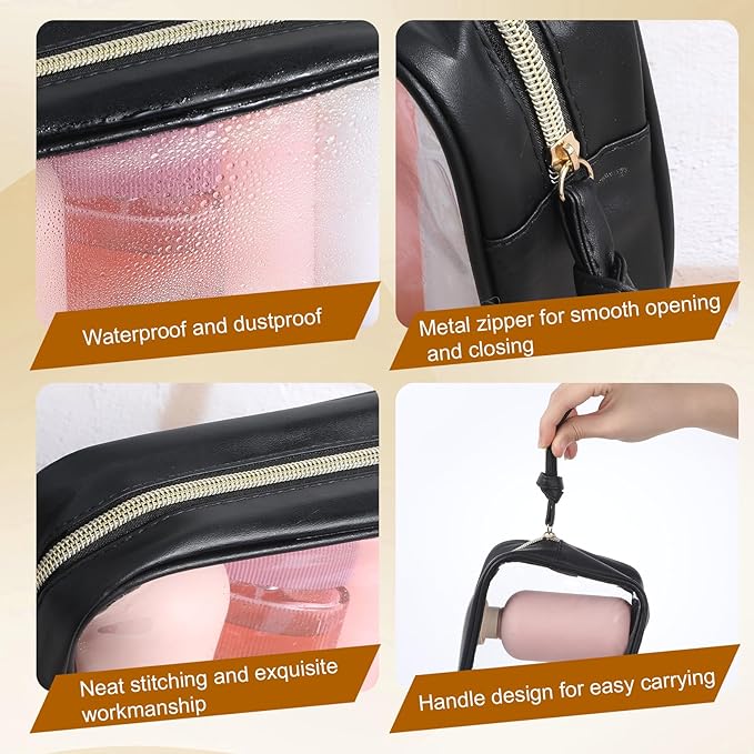SynHHergyx Clear Makeup Bag, PU Leather Small Toiletry Pouch Portable Travel Makeup Pouch Transparent Waterproof Cosmetic Organizer with Zipper for Women Home Travel Office Cosmetic Storage (Black)