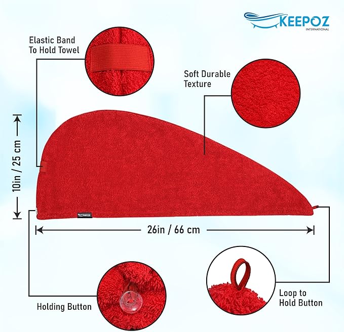 KEEPOZ Hair Towel Wrap Quick Dry 100% Cotton Super Absorbent Turban Head Wrap for Women with Button, Non Microfiber Anti Frizz Hair Products, Hair Cap for Curly, Long & Thick Hair (Red, 1 Pc)