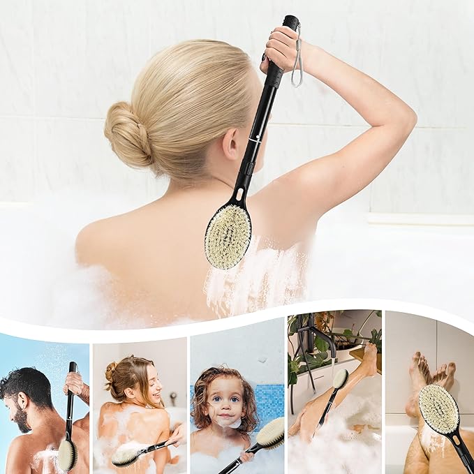 Back Scrubber for Shower with Long Handle, Dual-Sided Bath Brush for Wet & Dry Brushing, Soft & Stiff Bristles Body Exfoliator, Adjustable Detachable Shower Brush for Back, Legs & Feet