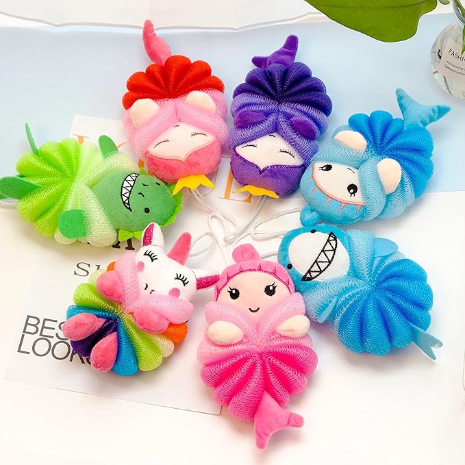 MURRI&MURRDI 4 Pack Kids Bath Sponges - Cute Animal Shower Pouf Set, Gentle Exfoliating Body Scrubber for Toddlers, Cartoon Mesh Loofah Gift for Boys & Girls