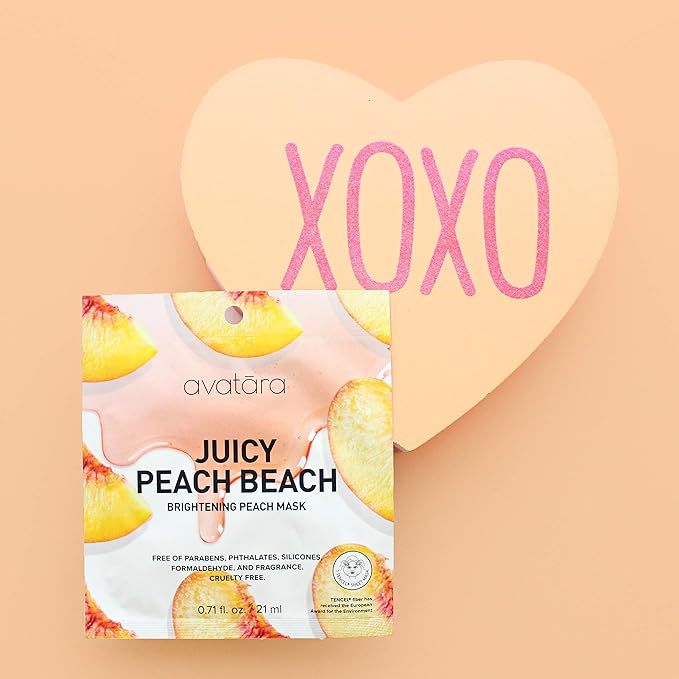 Avatara Juicy Peach Brightening Facial Mask 15 Sheets, Beauty and Skincare Sheet Masks with Peach Extracts, Hyaluronic Acid and Clean Ingredients for Clearer, Brighter Skin With Natural Glow, 15 Pack