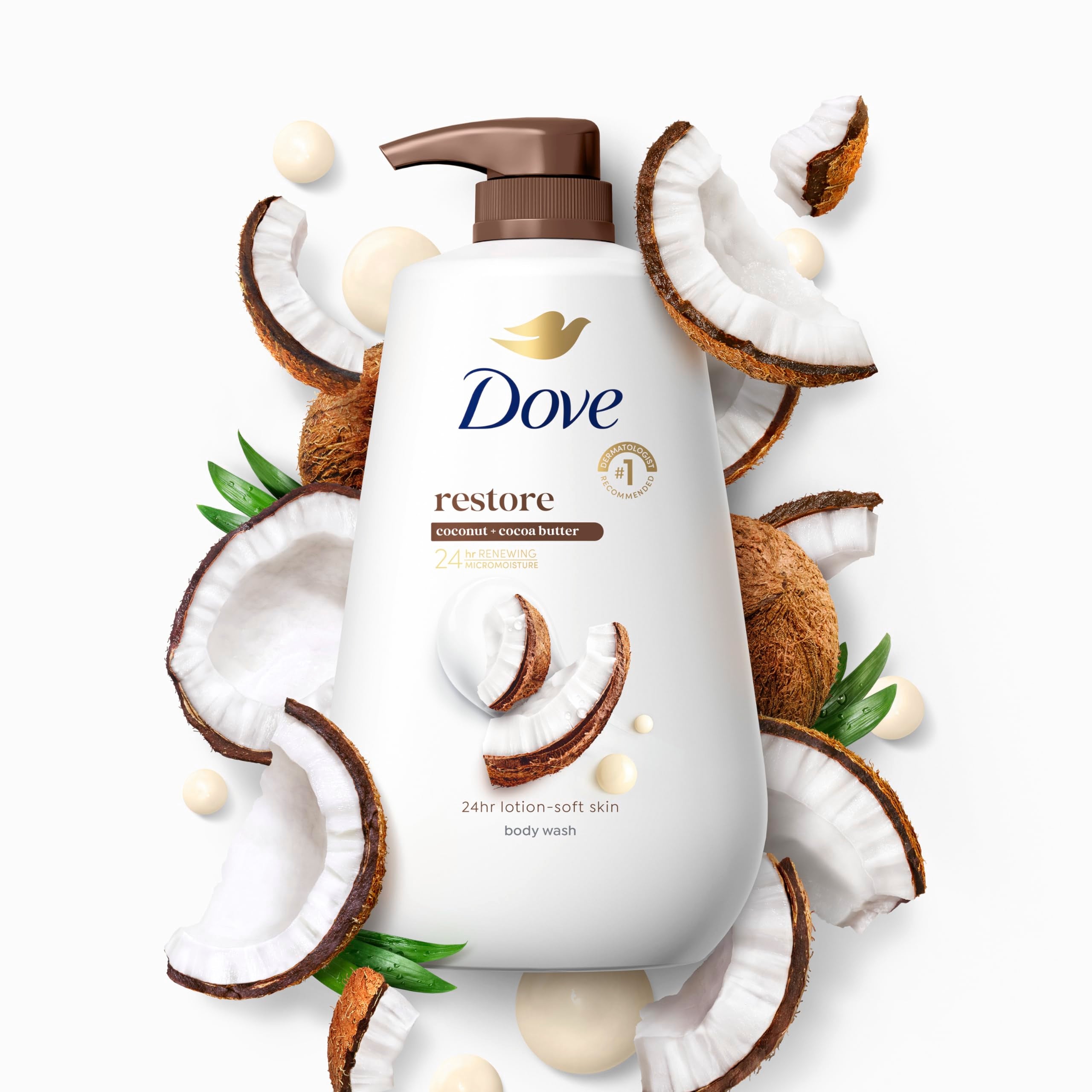 Dove 24hr Lotion Body Wash Restore Coconut & Cocoa Butter, 30.6 oz | Moisturizing body wash with MicroMoisture for 24-hour hydration and soft skin
