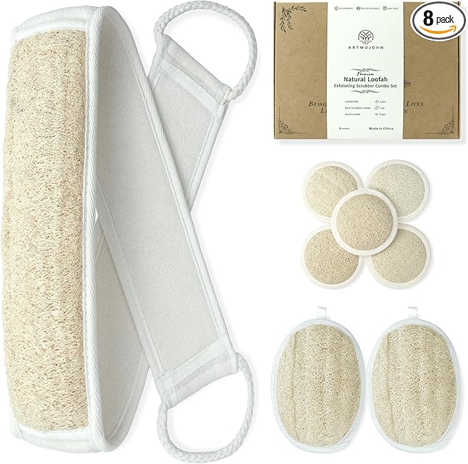 Premium Natural Loofah Exfoliating Scrubber Set - Back Scrubber, Body Pads & Facial Sponges | 8-Piece Bath & Shower Gift Set for Women (Luxury Gift Box)