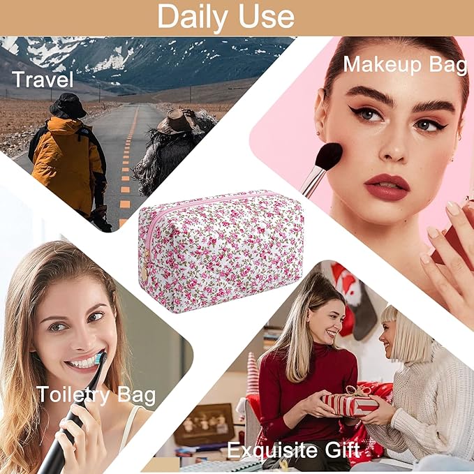HHQQWZ Makeup Bag Travel Cosmetic Bag for Women Girls, Zipper Make Up Pouch, Floral Flowers Toiletry Organizer Makeup, Portable Storage Cosmetic Travel Cloth Bag (Red-Floral)
