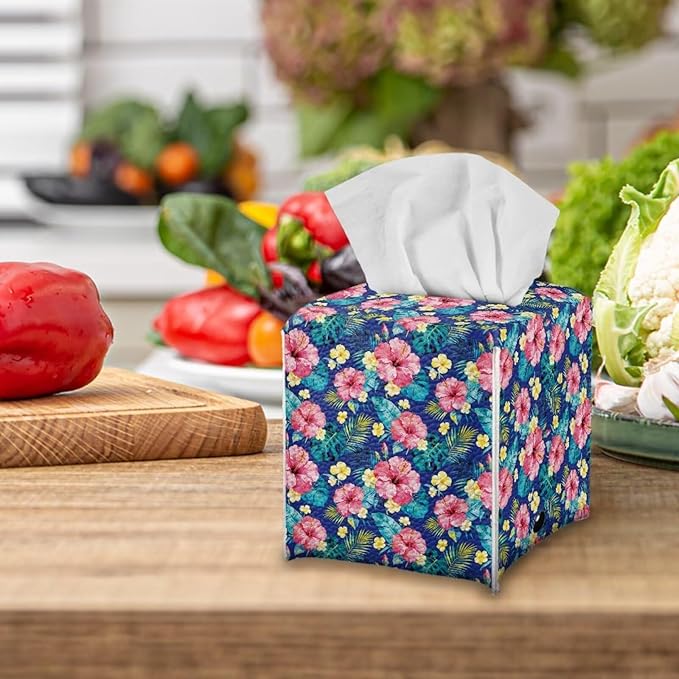 Tropical Flowers Tissue Box Cover, PU Leather Square Tissue Holder with Secure Metal Button, Waterproof and Stylish Napkin Dispenser for Home, Office, Car, and Bathroom Decor