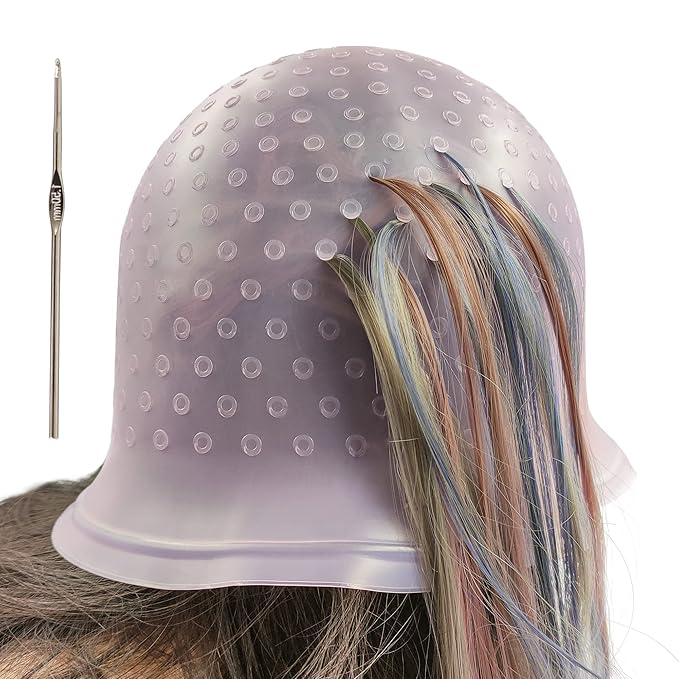 Losaria Highlighting Cap with Holes already in Silicone Reusable Highlighting Cap Hair Dye Cap with Holes Tipping Caps Hair Salon Hairdressing Highlight Cap and Hook Kit (Purple)