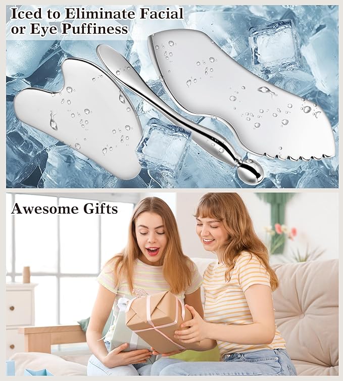 TANGZHIFEIYUE Gua Sha Facial Tools, 3 in 1 Stainless Steel Metal Guasha & Eye Cream Applicator Facial Sculpting Tool Set Eye Massager Lymphatic Drainage for Face Neck (Plastic Box 3, Count, 3)