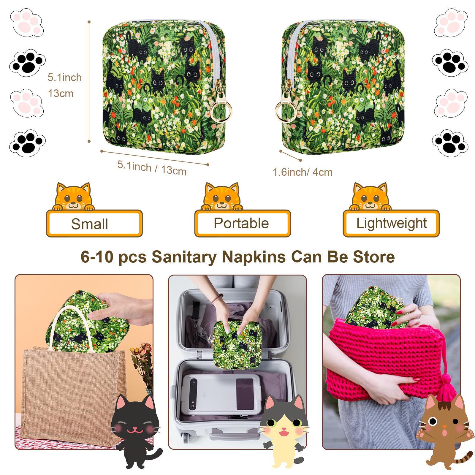 Likesing Tampon Holder for Purse, Canvas Period Bag Pouch-Kitten Grass