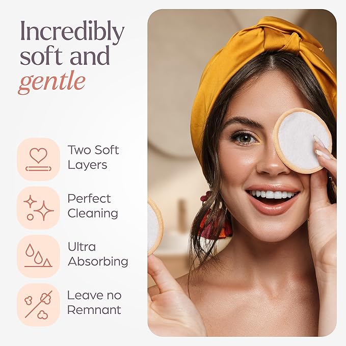 VIVAGO Reusable Cotton Rounds for Face - (20 Pack) Soft Reusable Makeup Remover Pads with Washable Drawstring Laundry Bag & Bamboo Holder - All Skin Type Skincare Set Facial Cleaning Cloth