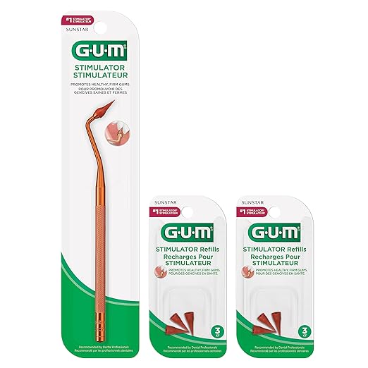 GUM Stimulator Permanent Handle with Rubber Tip, Long-Handled Stimulator & Plaque Remover for Teeth Health, 1 Handle + 2 Refill Packs