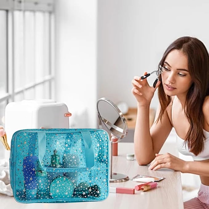 TotePrint Holographic Star Large Light Blue Makeup Cosmetic Organizer Bag and Travel Pouch with Handle,Durable Material,Zipper Design-Ideal for Makeup,Travel Essentials (Blue)