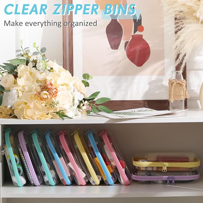 Sanwuta 10 Pcs Hard Zipper Case Clear Hard Pouches Plastic Zipper Pencil Portable Box Toy Storage Bins Plastic Container for Travel Toiletry Office Cosmetic Block Puzzle Organizer (M,Macaron Color)