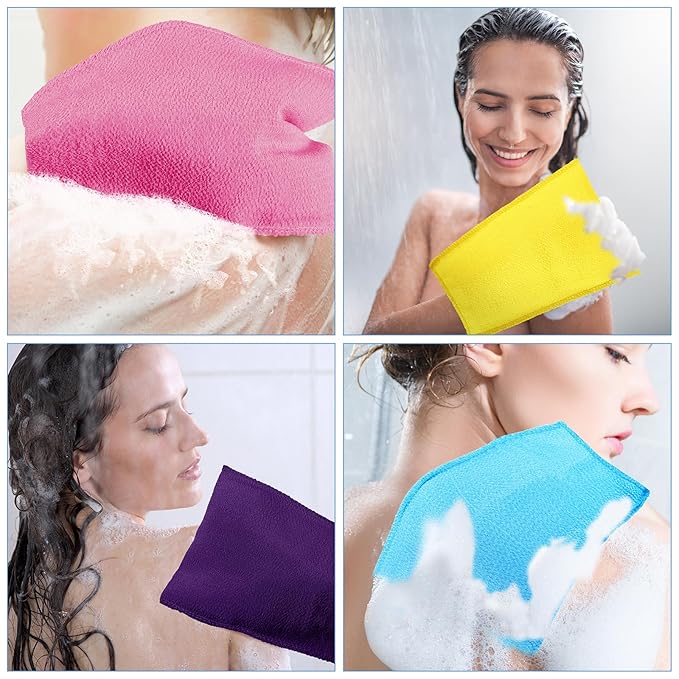 Tatuo 12 Pack Korean Exfoliating Mitt & Cloth, Viscose Rayon Dead Skin Remover Washcloth, Multi Color Body Scrub Towel for Shower Spa Travel(Large,Purple, Yellow, Pink, Blue)