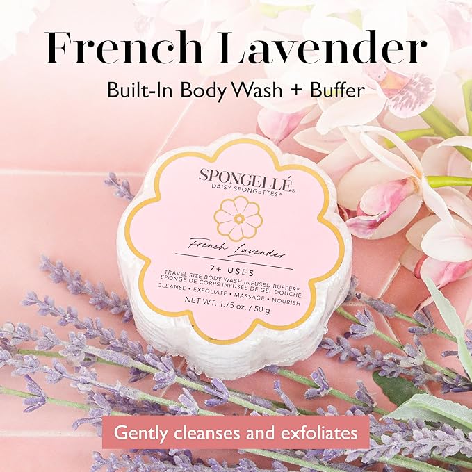 Spongellé French Lavender Daisy Spongette Bath Sponge | Built-in Body Wash & Body Scrubber, Shower Loofah Sponge for Women, Travel Essentials | 7+ uses