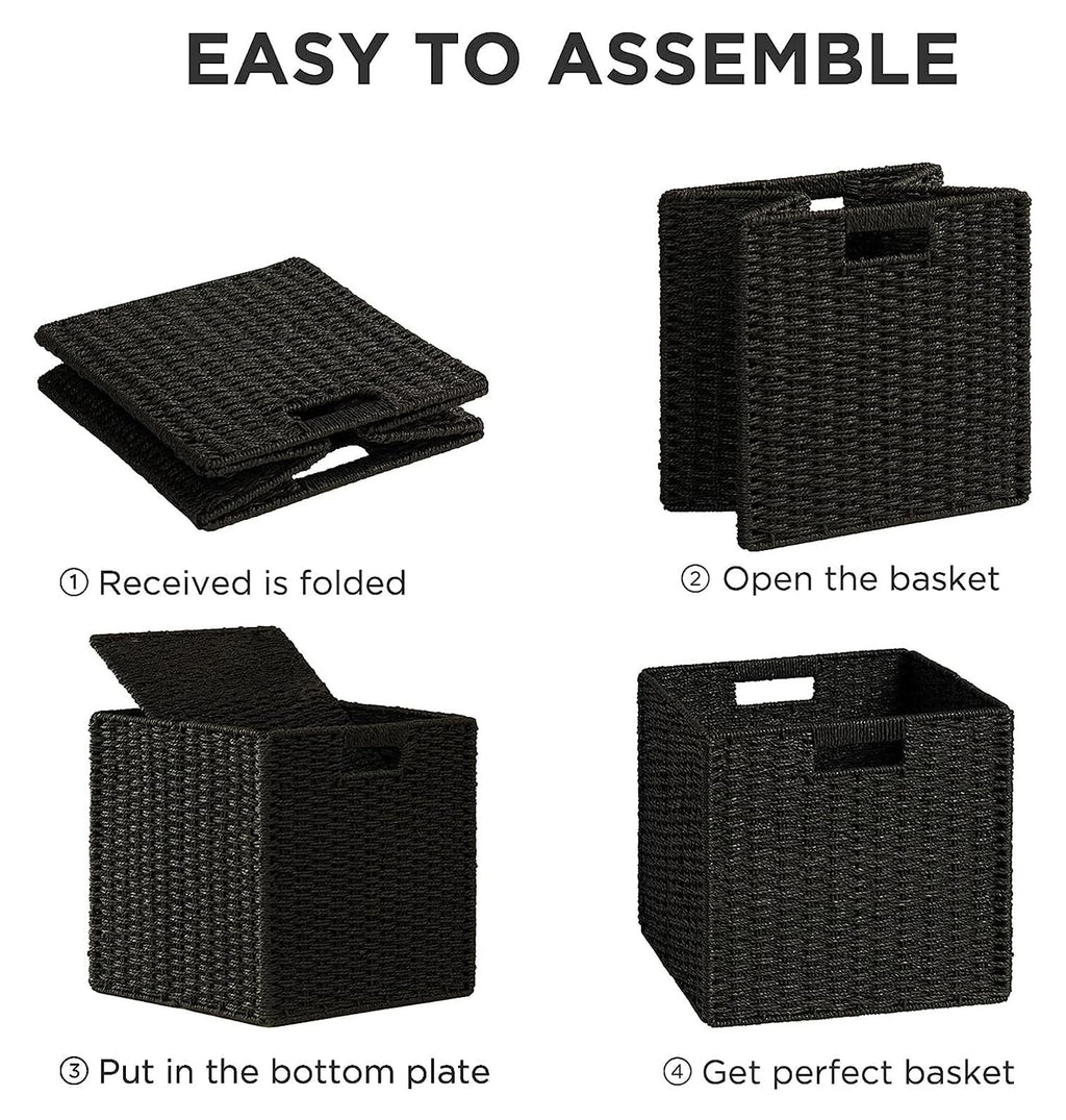 UBBCARE 2 Pack Wicker Basket, 11L×11H×10.5W inch Woven Paper Rope Storage Baskets for Shelves, Foldable Cube Storage bin with Handle, Storage Basket for Organizing & Decor, Black