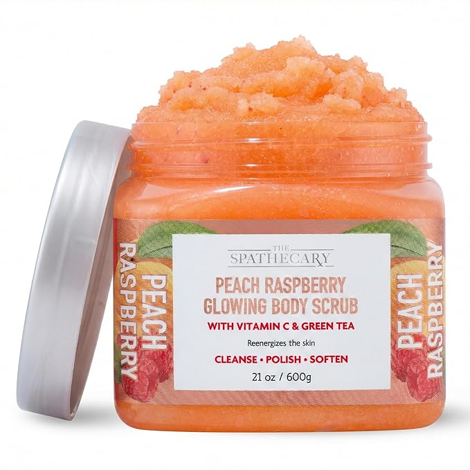 Peach Raspberry Sugar Scrub - Exfoliating & Hydrating Body Scrub With Vanilla & Green Tea to Help Polish, Reenergize, & Soften For Radiant Skin, Body Care Exfoliator & Cleanser, 21 oz