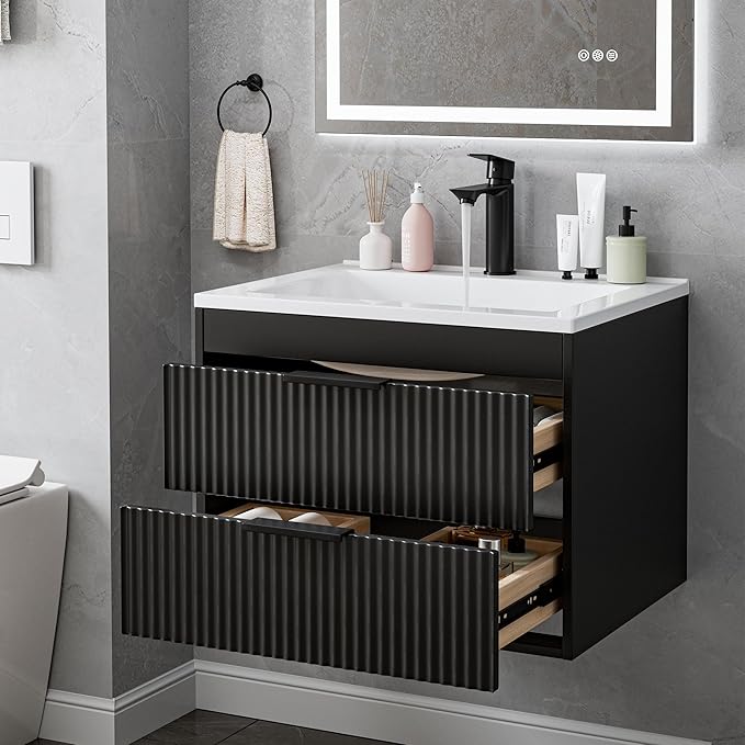 24 Inches Modern MDF Bathroom Vanity with Sink, Wall Mounted Floating Cabinets w/Double Drawers, Black Handles, White Resin Sink Combo Set (Black, 24")