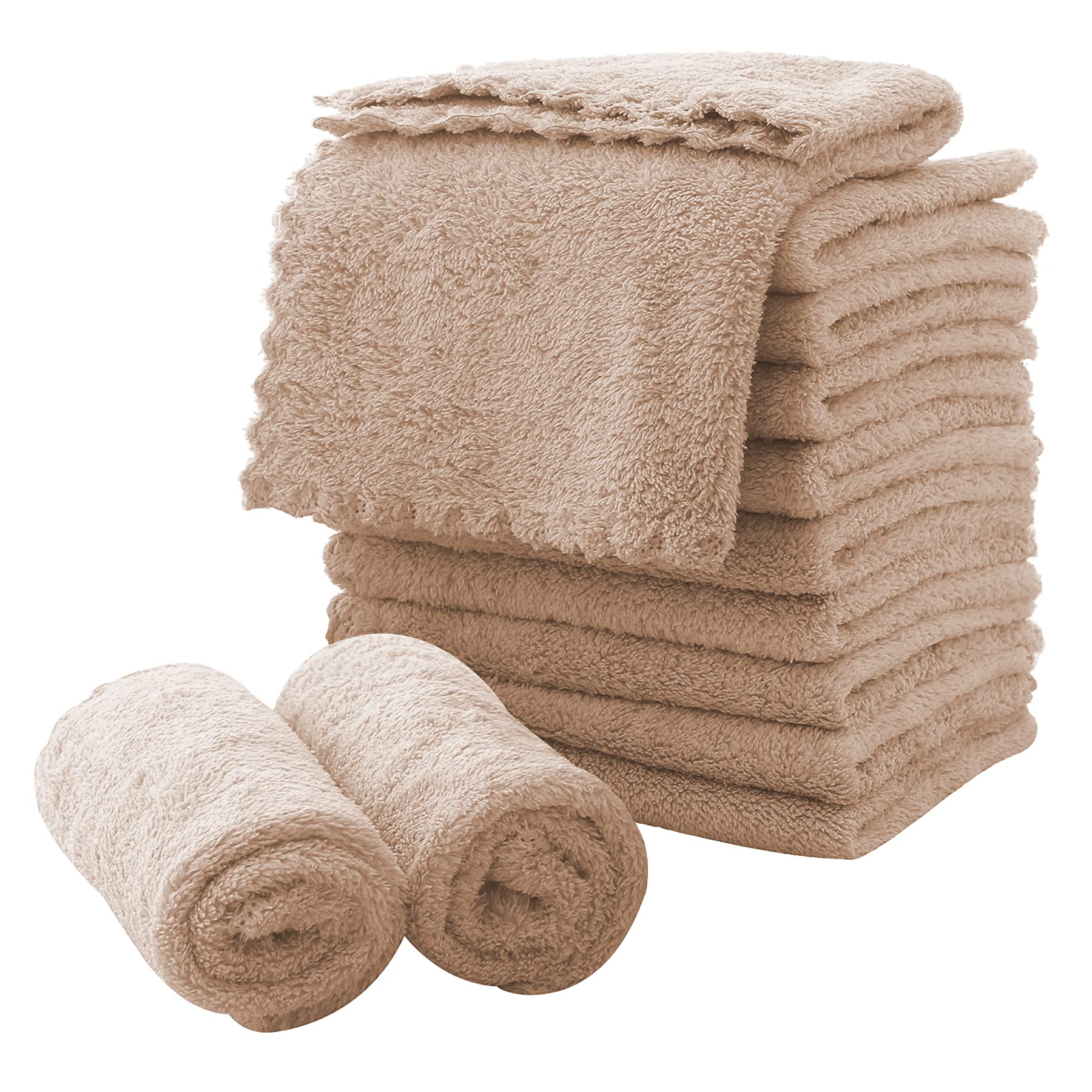 MOONQUEEN Microfiber Facial Cloths Fast Drying Washcloth 12 Pack - Premium Soft Makeup Remover Cloths - Brown