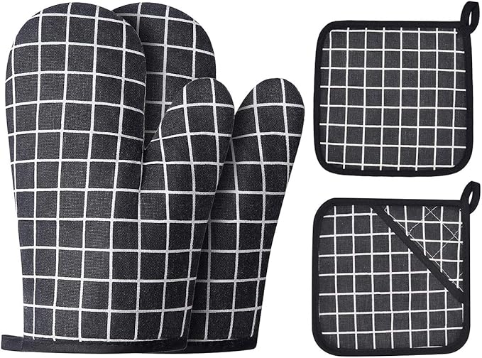 Win Change Oven Mitts and Potholders BBQ Gloves-Oven Mitts and Pot Holders with Recycled Infill Silicone Non-Slip Cooking Gloves for Cooking Baking Grilling (4-Piece Set,Black)