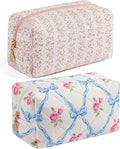HHQQWZ Makeup Bag Travel Cosmetic Bag for Women Girls, Zipper Make Up Pouch, Floral Flowers Toiletry Organizer Makeup, Portable Storage Bag, Cosmetic Travel Cloth Bag (Pink+Blue Bowknot)