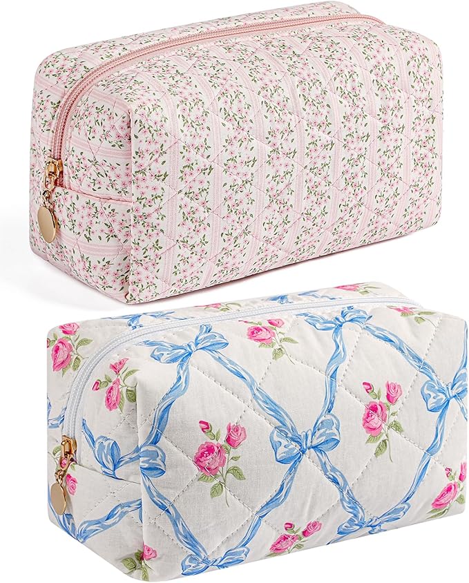 HHQQWZ Makeup Bag Travel Cosmetic Bag for Women Girls, Zipper Make Up Pouch, Floral Flowers Toiletry Organizer Makeup, Portable Storage Bag, Cosmetic Travel Cloth Bag (Pink+Blue Bowknot)