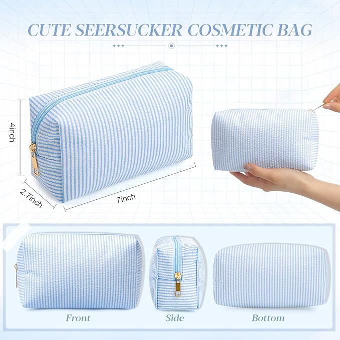 Sanwuta 6 Pcs Seersucker Cosmetic Bags Bulk Seersucker Makeup Bags Stripe Women Pouch Large Preppy Storage Pouch Toiletry Travel for Wedding Bridesmaid Bride Favor Back to Teacher Gift (Light Blue)