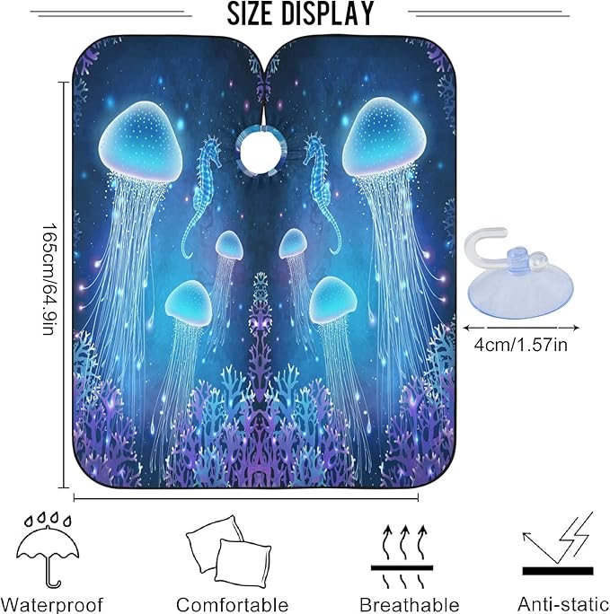 visesunny Barber Cape Magic Glowing Blue Jellyfish Polyester Hair Cutting Salon Cape Apron Anti-Static Haircut Shaving Cloth Beard Shaving Bib Hairdressing Cape