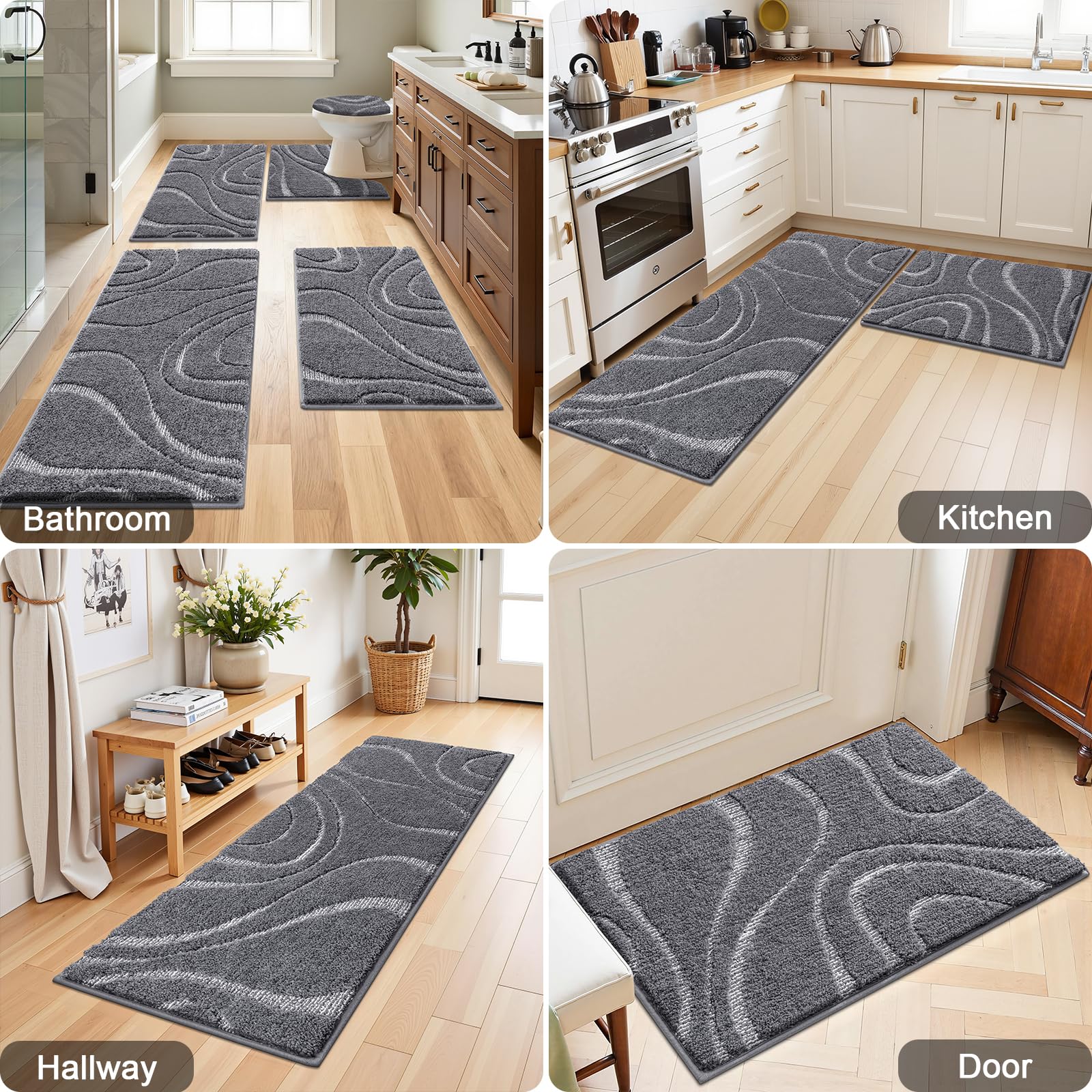 HEBE Bathroom Rugs Sets 5 Piece, Non Slip Washable Absorbent Bath Mat Set