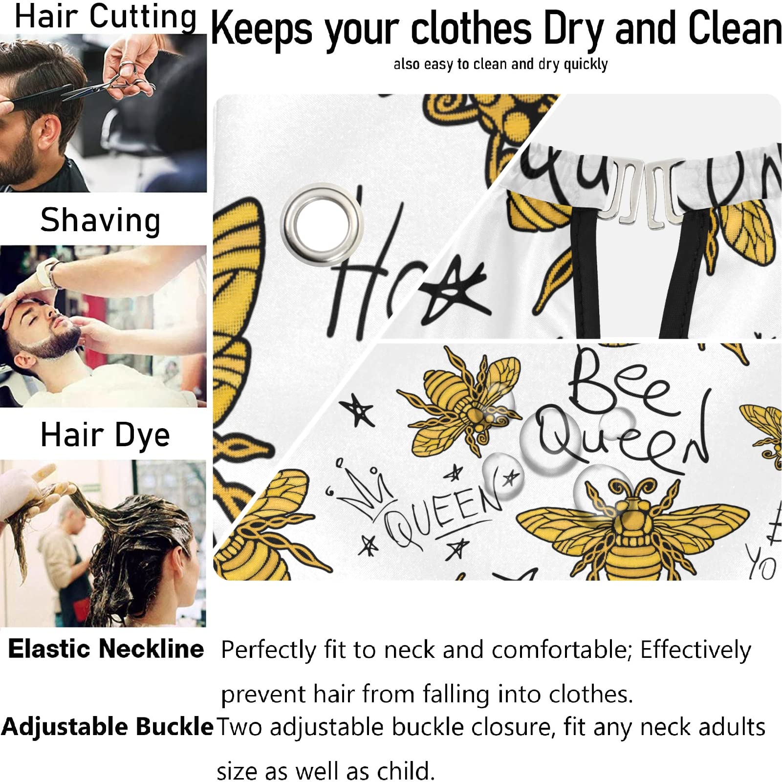 visesunny Barber Cape Honey Bee Golden Embroidery Queen Crown Polyester Hair Cutting Salon Cape Apron Anti-Static Haircut Water-Resistant Shaving Cloth Beard Shaving Bib Hairdressing Cape