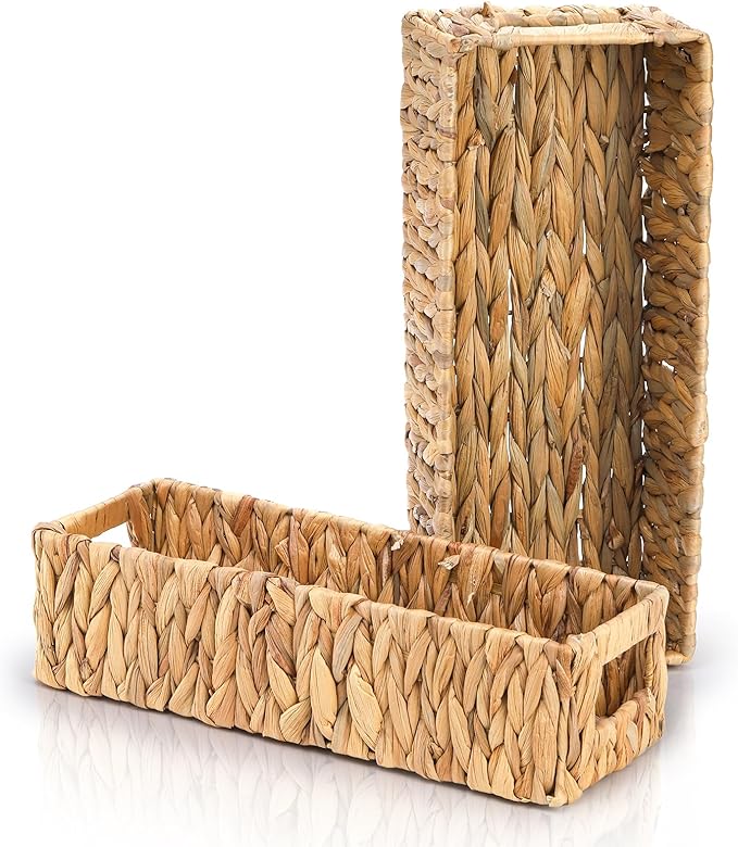 2 Pack Wicker Storage Baskets, Water Hyacinth Holder for Toilet Paper, Rectangular Natural Bins with Built-in Handles, Handwoven Organizer for Bathroom Kitchen Pantry Tank Top, 2 Sizes