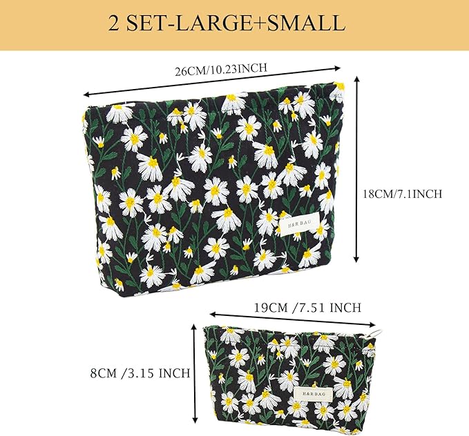 getgto 2 Pcs Makeup Bags, Large Cosmetic Bag Travel Toiletry Bag Organizer for Women, Embroidery Craft, Floral Makeup Bag Small Cosmetic Pouch Purse with Zipper Gifts for Girls Teen