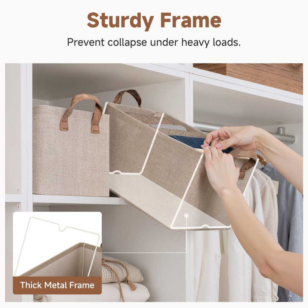 StorageWorks Storage Bins, Fabric Storage Bins for Shelves, Storage Baskets with Metal Frame, Closet Baskets and Bins with Handles, Brown and Beige, 2-Pack