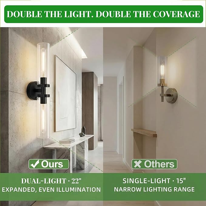 Wall Sconces Set of 2, Hardwired Bathroom Light Fixtures, Modern Bathroom Vanity Wall Lighting with Clear Glass Shade, Farmhouse Wall Sconce for Mirror Bedroom Hallway, Matte Black, E26 Base