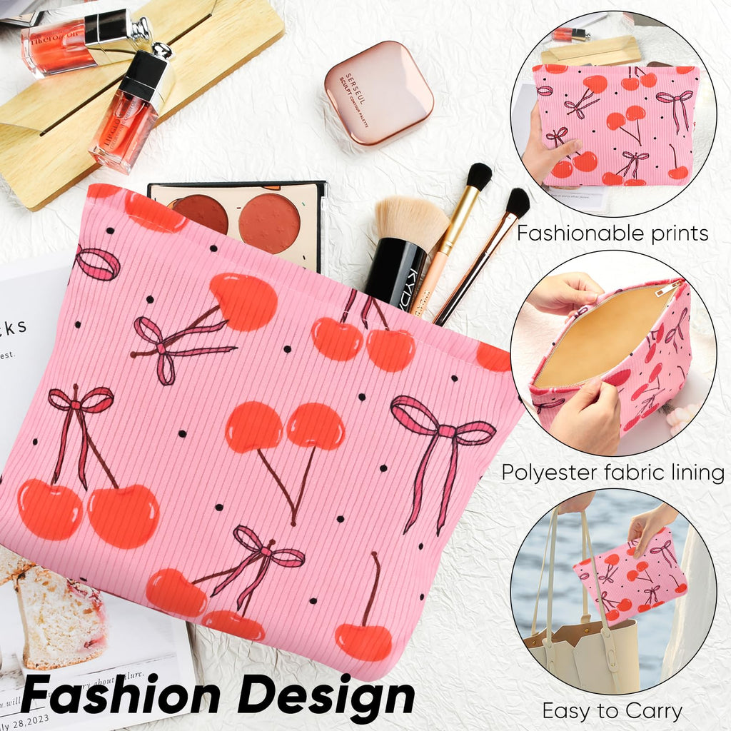 Ksriylm Cute Cherry Makeup Pouch for Women Small Make Up Bag for Purse Zipper Initial Makeup Cosmetic Bags Pouches for Purse Aesthetic Travel Toiletry Bags, Red Cherries Bows