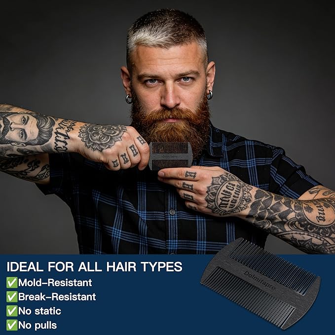 Dolmifapro 304 Stainless Steel Pocket Beard Comb for Men, Anti-Static Dual Fine Coarse Teeth Ultra-Thin Mustache Hair Grooming Comb with PU Leather Case (black)