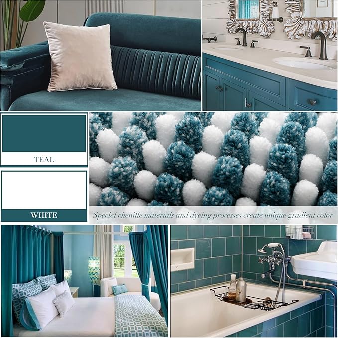 BSICPRO Bathroom Rugs and Mats Sets, 2 Piece Thick Absorbent Chenille Bath Mat Rug Set Non Slip, Soft Shaggy Bath Room Floor Mats for Bathroom, Machine Washable (20" x 60" Plus 20" x 32", Teal)