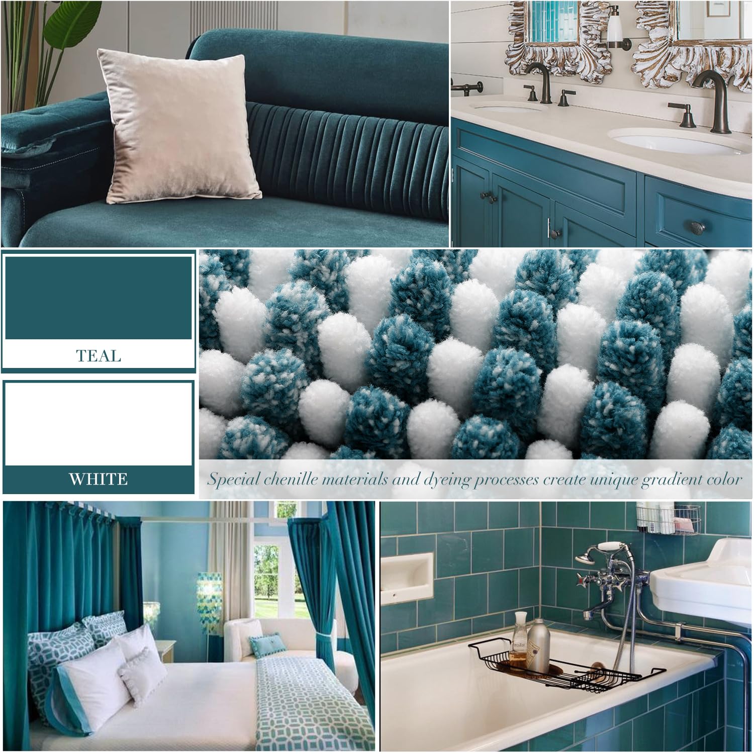 BSICPRO Bathroom Rugs and Mats Sets, 2 Piece Thick Absorbent Chenille Bath Mat Rug Set Non Slip, Soft Shaggy Bath Room Floor Mats for Bathroom, Machine Washable (Teal, 20" x 47" Plus 20" x 32")