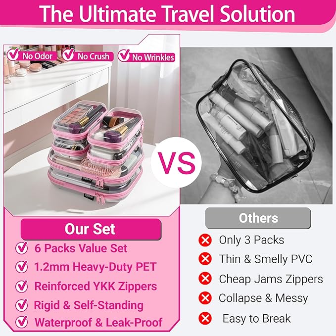 6 Pack Pink Clear Hard Shell Beauty Organizer (2M+4S), 1.2mm Heavy Duty Crush-Proof Cosmetic Case, Reinforced YKK Zippers, Stadium Approved Security Bag for Skincare & Electronics, Multi-Size Set