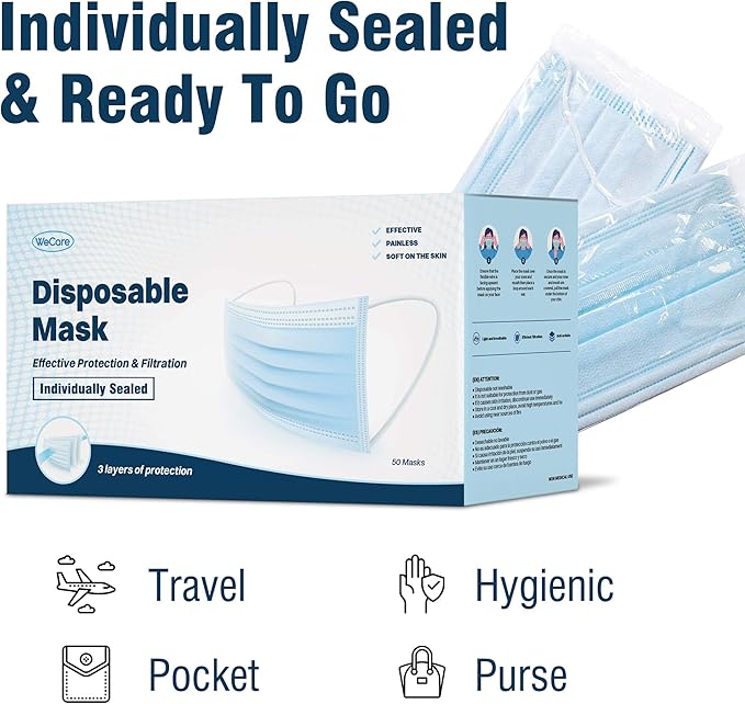 WECARE Disposable Face Mask Individually Wrapped - 50 Pack, Blue Masks 3 Ply