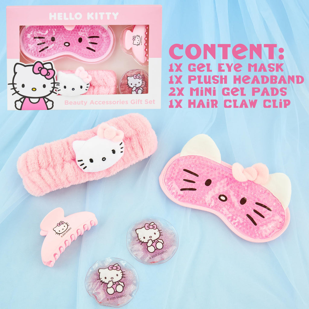 Hello Kitty Sanrio Beauty Set for Women, Teens with Cooling Gel Eye Mask, Plush Skincare Headband, Claw Clip, Eye Pads, Kawaii Gifts for Women (Pink Hello Kitty)