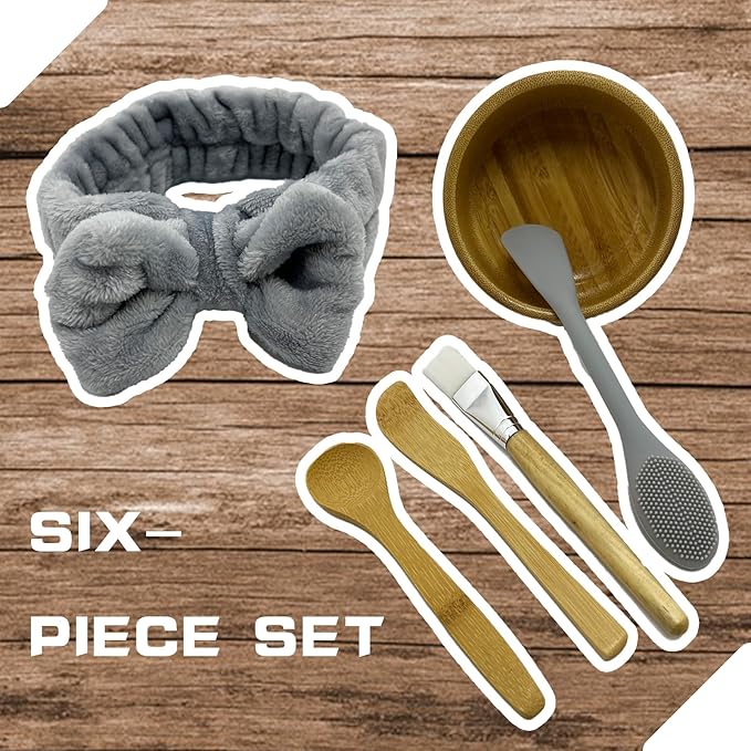 BEECO GIF2U Skincare Face Mask Mixing Bowl Set 6 Pack,Makeup Skin Care Products for Clay Mask,Home DIY Beauty & Personal Care Tools Kit Bamboo Bowl,Spatula,Spoon,Brush,Silicone Applicator,Headband
