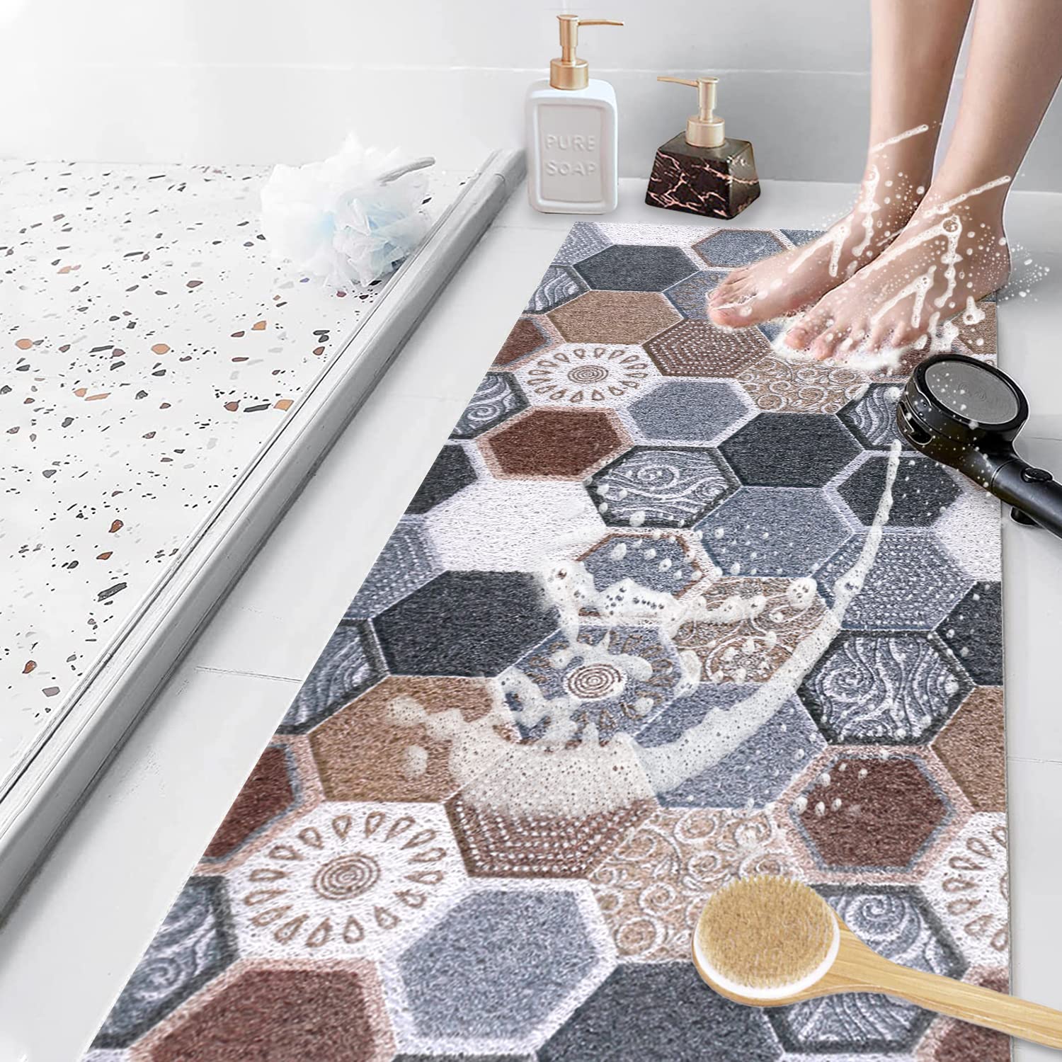 Bathtub Mat Shower Mat Non-Slip, 16x 39 Inch, Soft Comfort Bath Mat with Drainage Holes, PVC Loofah Massage Bathmat for Shower, Tub, Bathroom, Wet Areas, Quick Drying